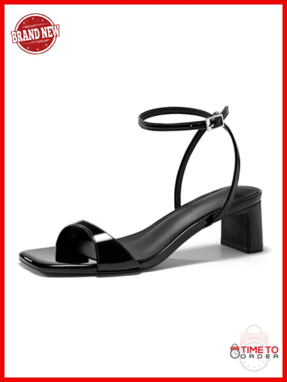 Chunky Low Heel Sandals Open Square Toe Ankle Strap Faux Leather